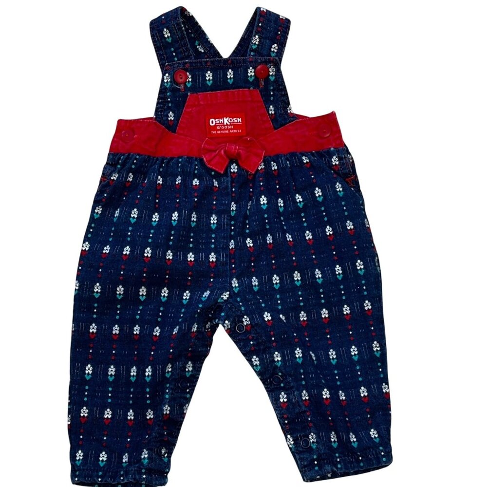 Vintage OshKosh BGosh Infant Girls Blue & Red Floral Corduroy Overalls